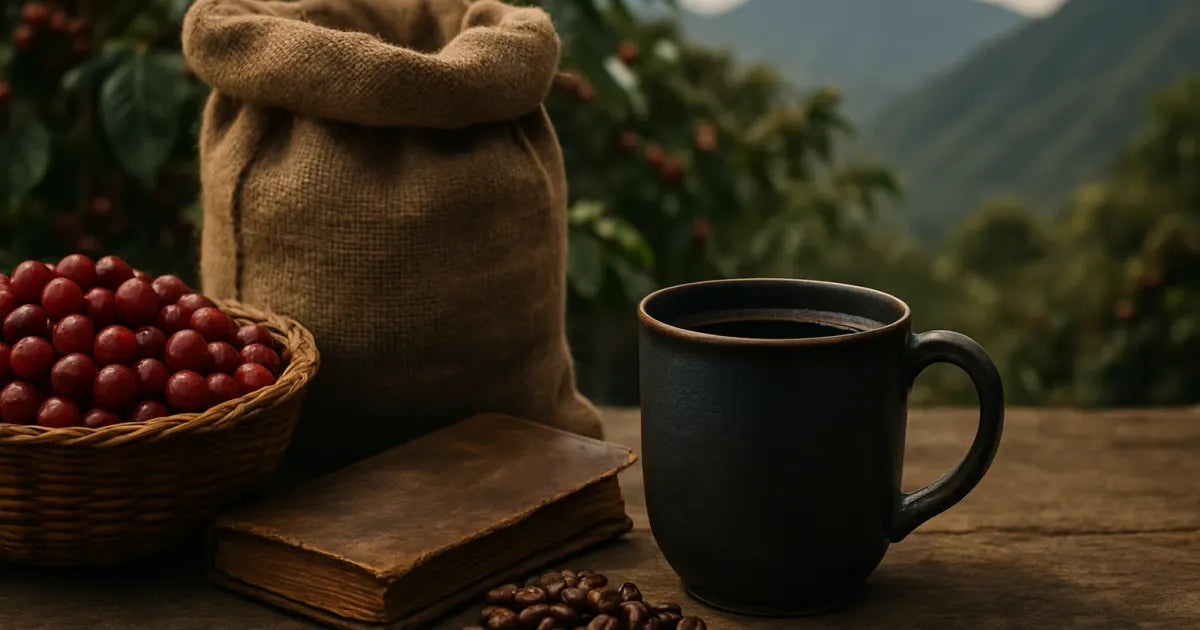 Burlap bag, basket of ripe red coffee cherries, medium-roast mug, and Andes mountains in soft focus