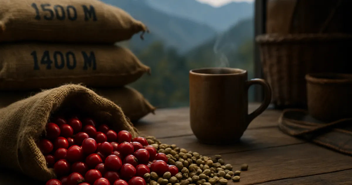Burlap sacks of Colombian coffee with ripe red cherries and an Andes mountain backdrop