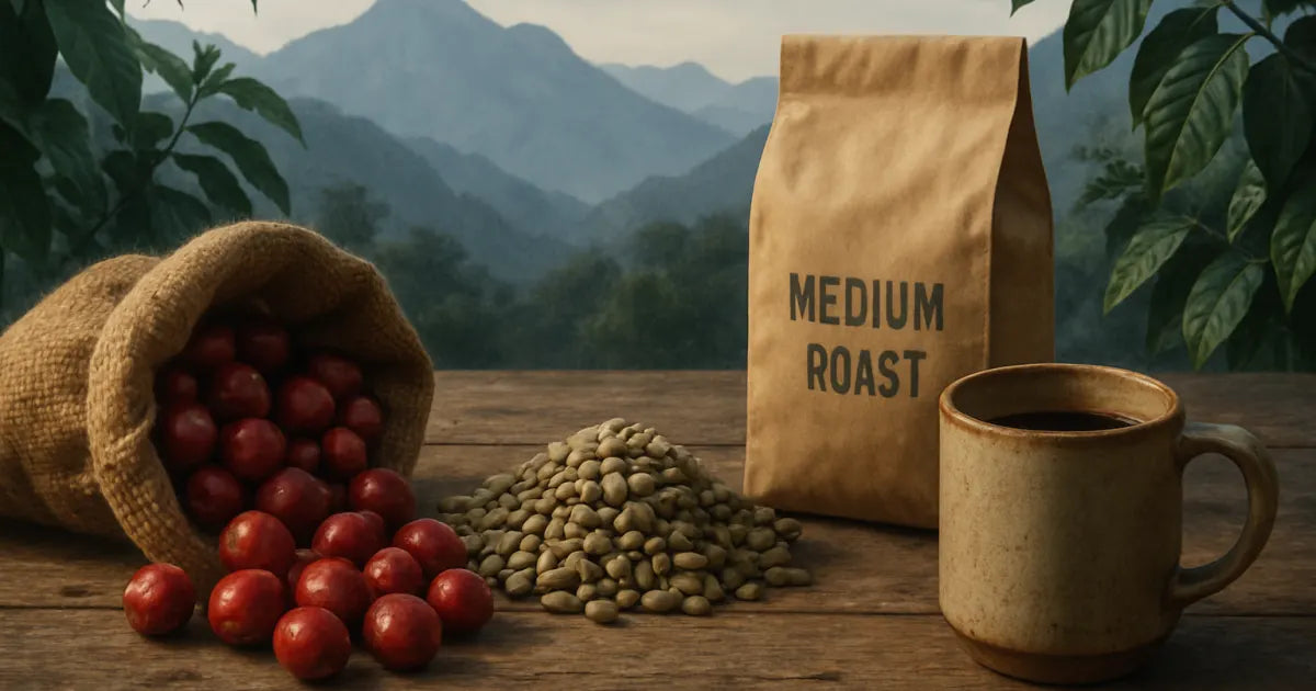 Burlap sack of ripe red coffee cherries and medium-roast beans on a wooden table with misty Andes mountains in the background