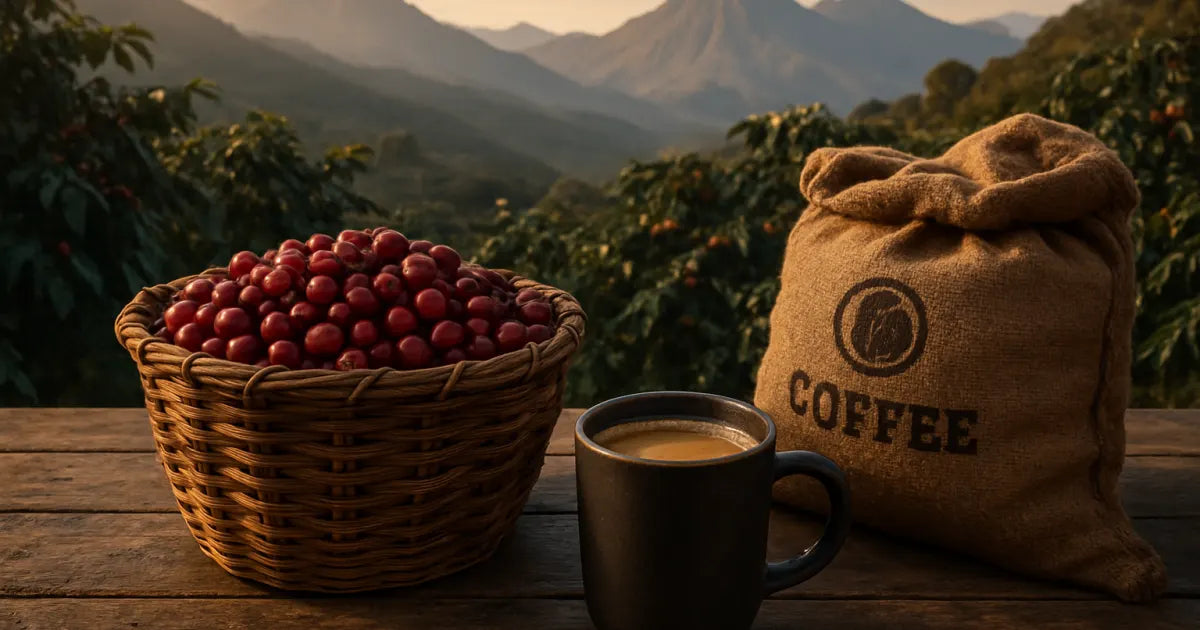 Andes mountains at dawn with basket of ripe red coffee cherries and burlap bags of medium-roast Colombian coffee on a wooden table