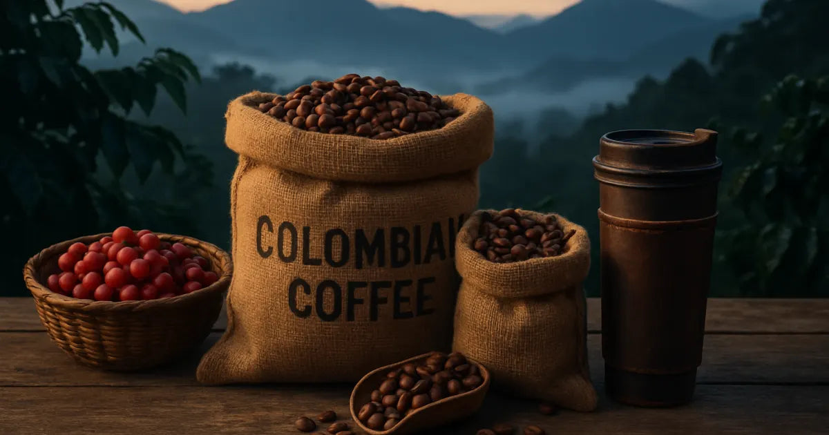 Burlap sacks of Colombian coffee beans, a basket of red coffee cherries, and misty Andes mountains in the background.
