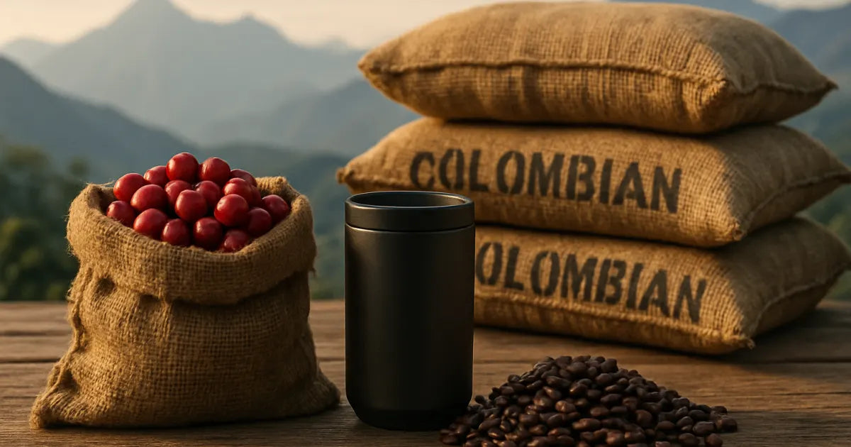 Burlap sacks and a spill of roasted Colombian coffee beans with red coffee cherries and Andes mountains in soft focus