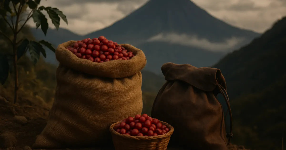 Burlap bag and basket of ripe red coffee cherries with Andes mountains in soft background