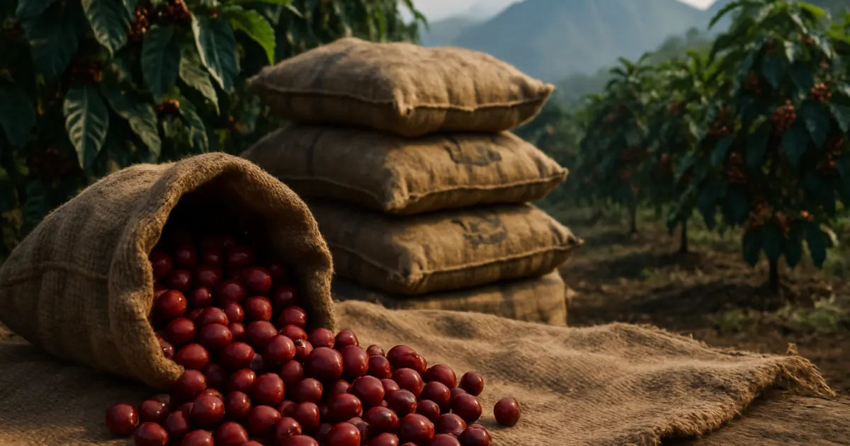 Burlap sack spilling ripe red coffee cherries with coffee trees and misty Andes mountains in the background
