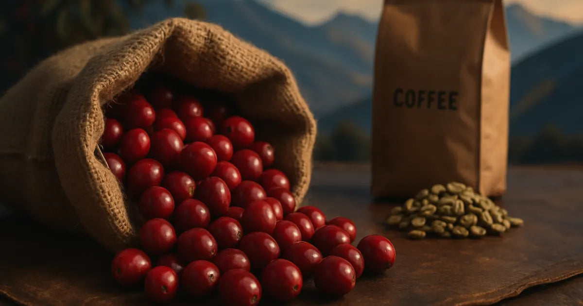 Burlap sack with red coffee cherries, green coffee beans, and Andes mountains in soft morning light