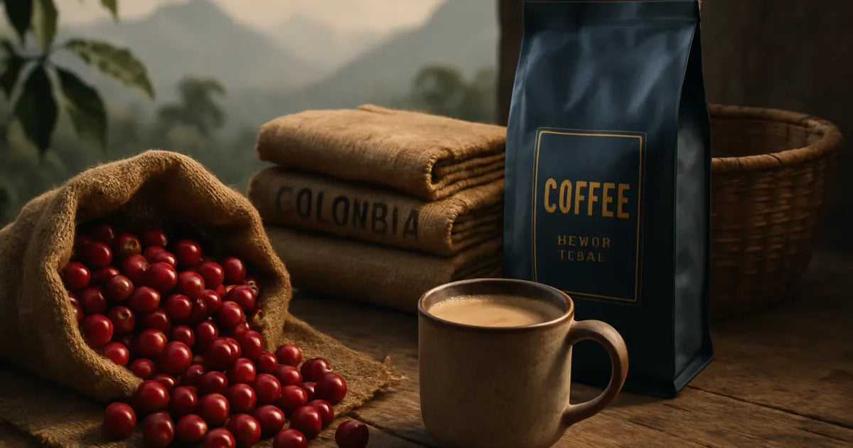 Burlap bag of Colombian coffee cherries, roasted coffee bag, and ceramic mug on a rustic table with Andes silhouette in the background