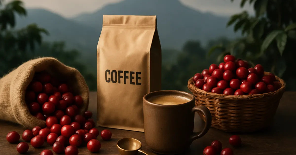Burlap bag of red coffee cherries, medium-roast bag, and ceramic mug on a rustic wooden table with Andes silhouette in background