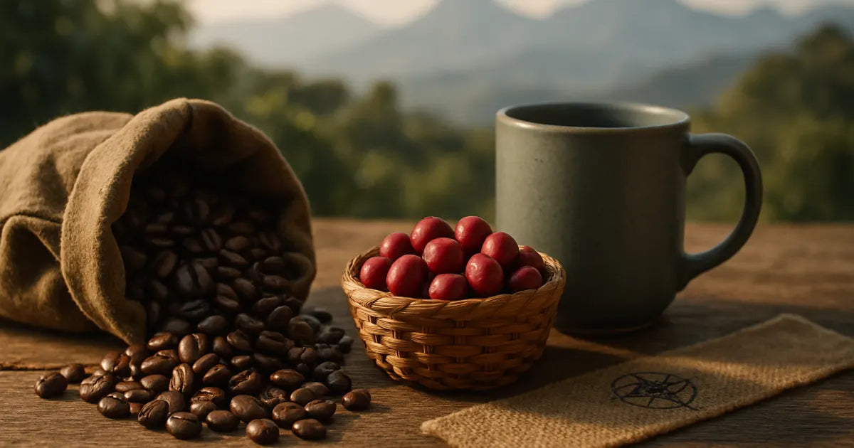 Rustic table with roasted Colombian beans, ripe red coffee cherries, ceramic mug, and Andes mountains in soft background