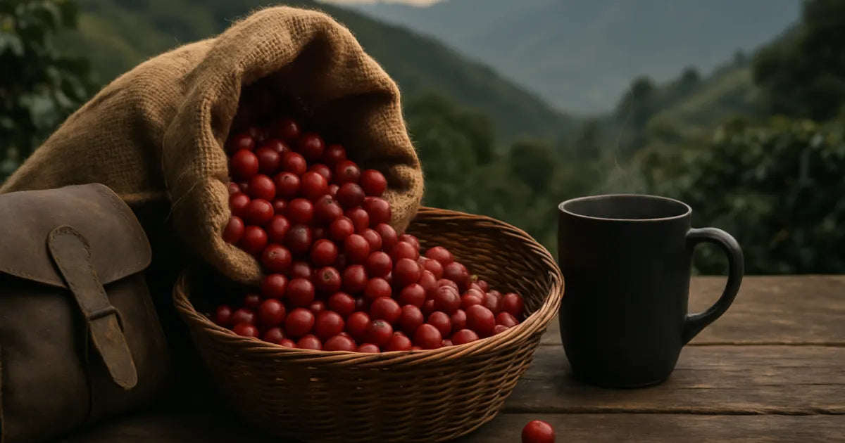 Burlap sack and basket of ripe red coffee cherries with Andes ridgeline and coffee trees in the background