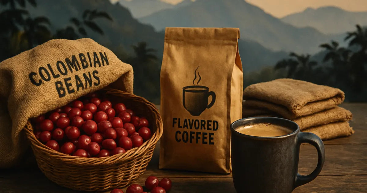 Burlap sack of Colombian coffee cherries and roasted beans with Andes mountains in soft focus