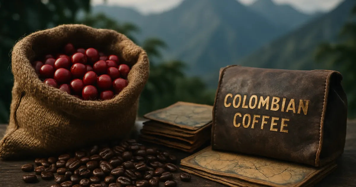 Burlap sack of Colombian coffee cherries and roasted beans with the Andes in soft morning light