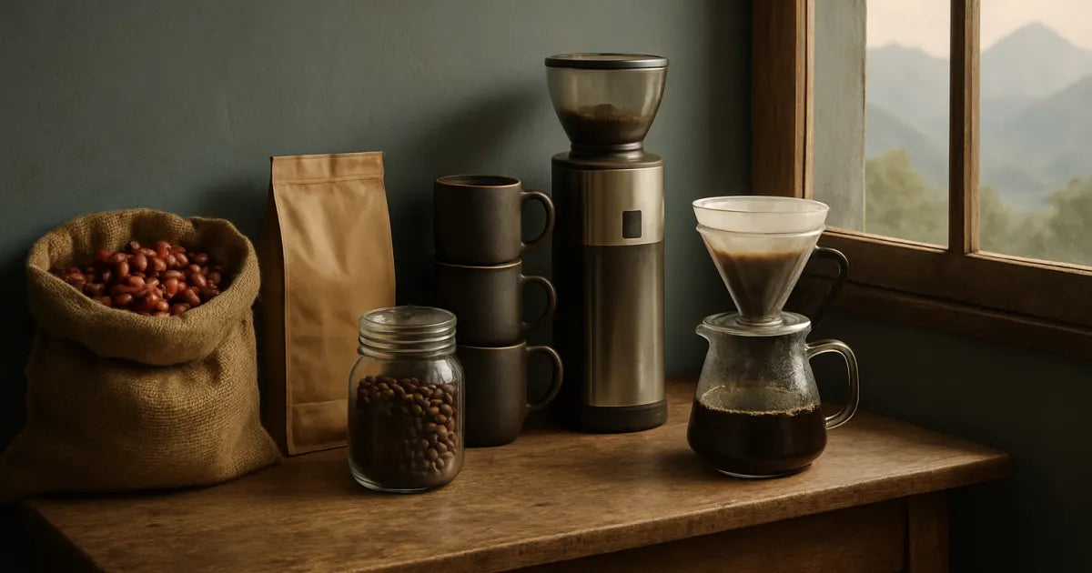 Rustic home coffee bar with Piracii coffee bag, burlap sack of red coffee cherries, burr grinder, and pour‑over gear