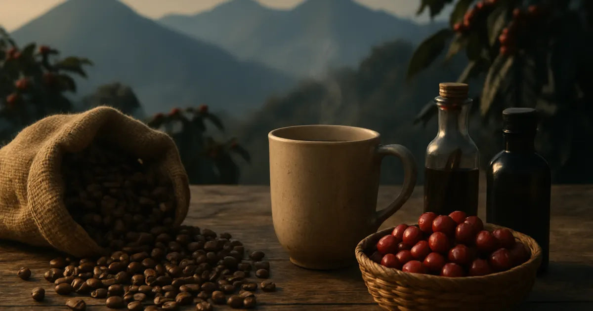 Burlap sack of roasted Colombian beans, basket of ripe red coffee cherries, steaming mug, Andes silhouette