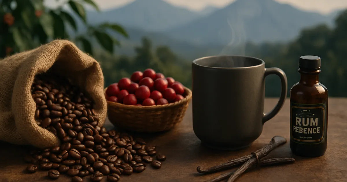 Burlap sack of roasted Colombian beans, basket of red coffee cherries, and a steaming ceramic mug with vanilla pods and a rum essence bottle on a rustic wooden table with the Andes suggested in the background