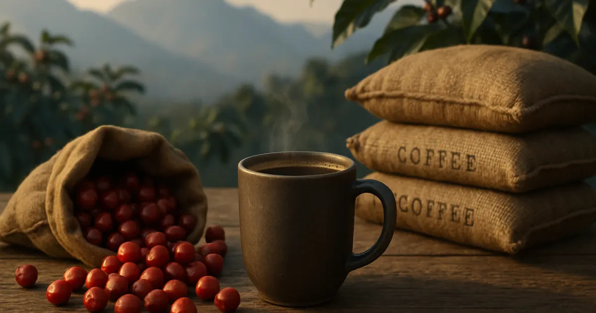Ceramic mug of steaming medium-roast coffee beside ripe red coffee cherries and burlap bags with Andes mountains blurred in the background