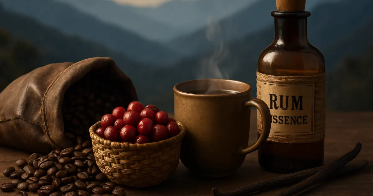 Bag of roasted Colombian beans, ripe coffee cherries in a basket, a steaming ceramic mug, vanilla bean and rum essence bottle with Andes ridges in the background.