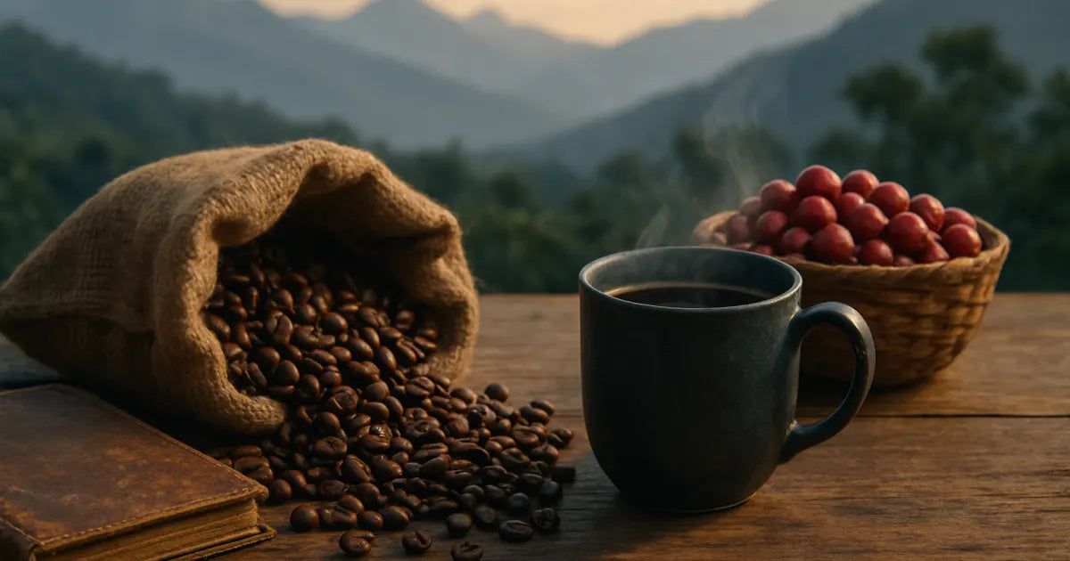 Bag of roasted Colombian coffee beans, basket of red coffee cherries, steaming mug, Andes silhouette in background