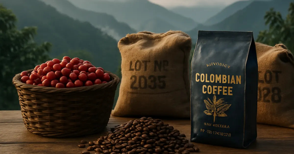 Burlap sacks, ripe coffee cherries and medium-roast beans on a wooden table with misty Andes mountains in the background