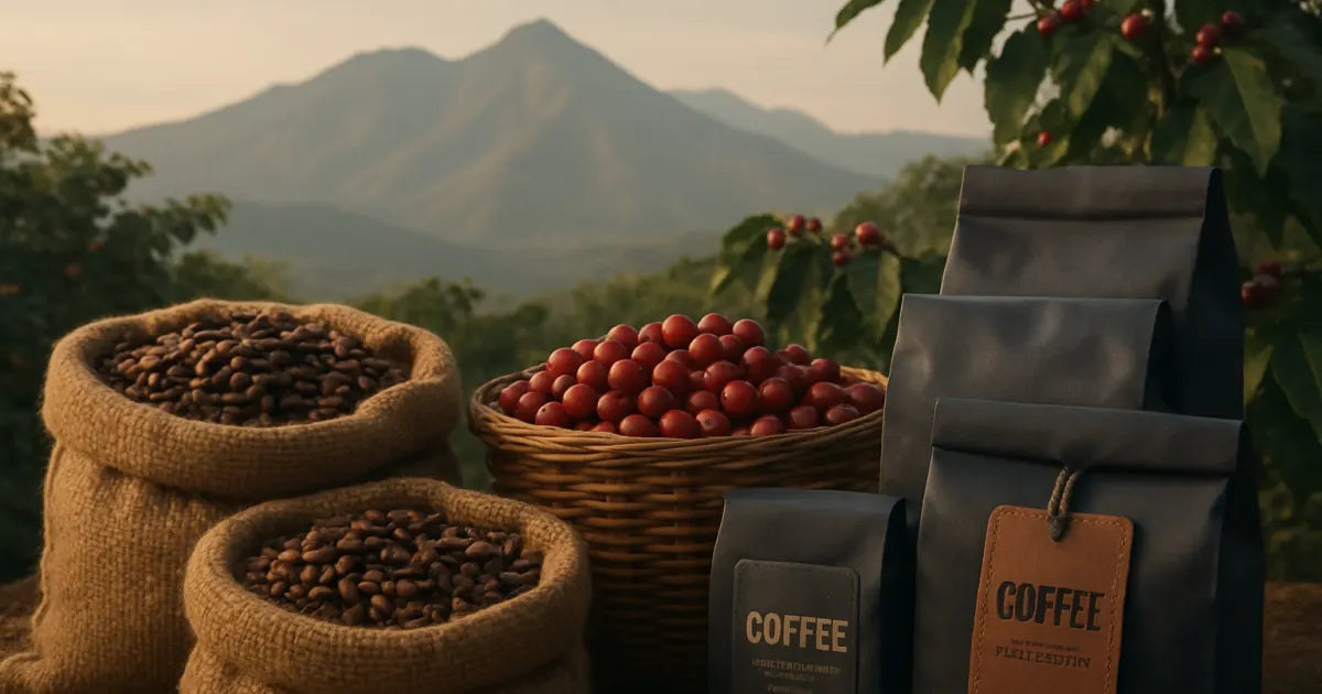 Burlap sacks of roasted Colombian coffee beans, ripe red coffee cherries in a basket, and the Andes mountains in the background.