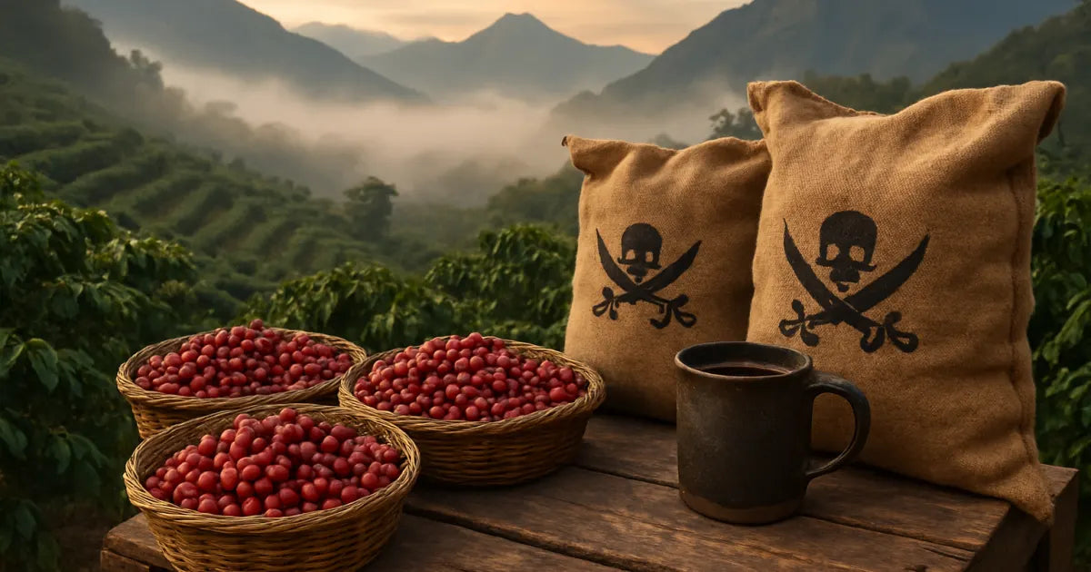 Baskets of ripe red coffee cherries and burlap bags on an Andean coffee farm at dawn, highlighting small-batch organic Colombian coffee.