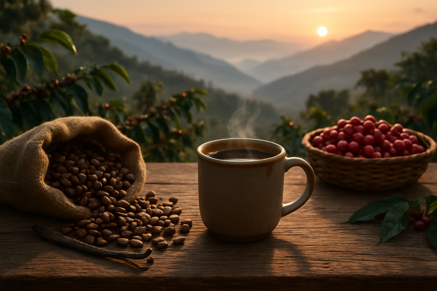 Dawn on an Andean terrace: burlap sack of Colombian beans, vanilla pod, caramel-smudged mug, and ripe red coffee cherries