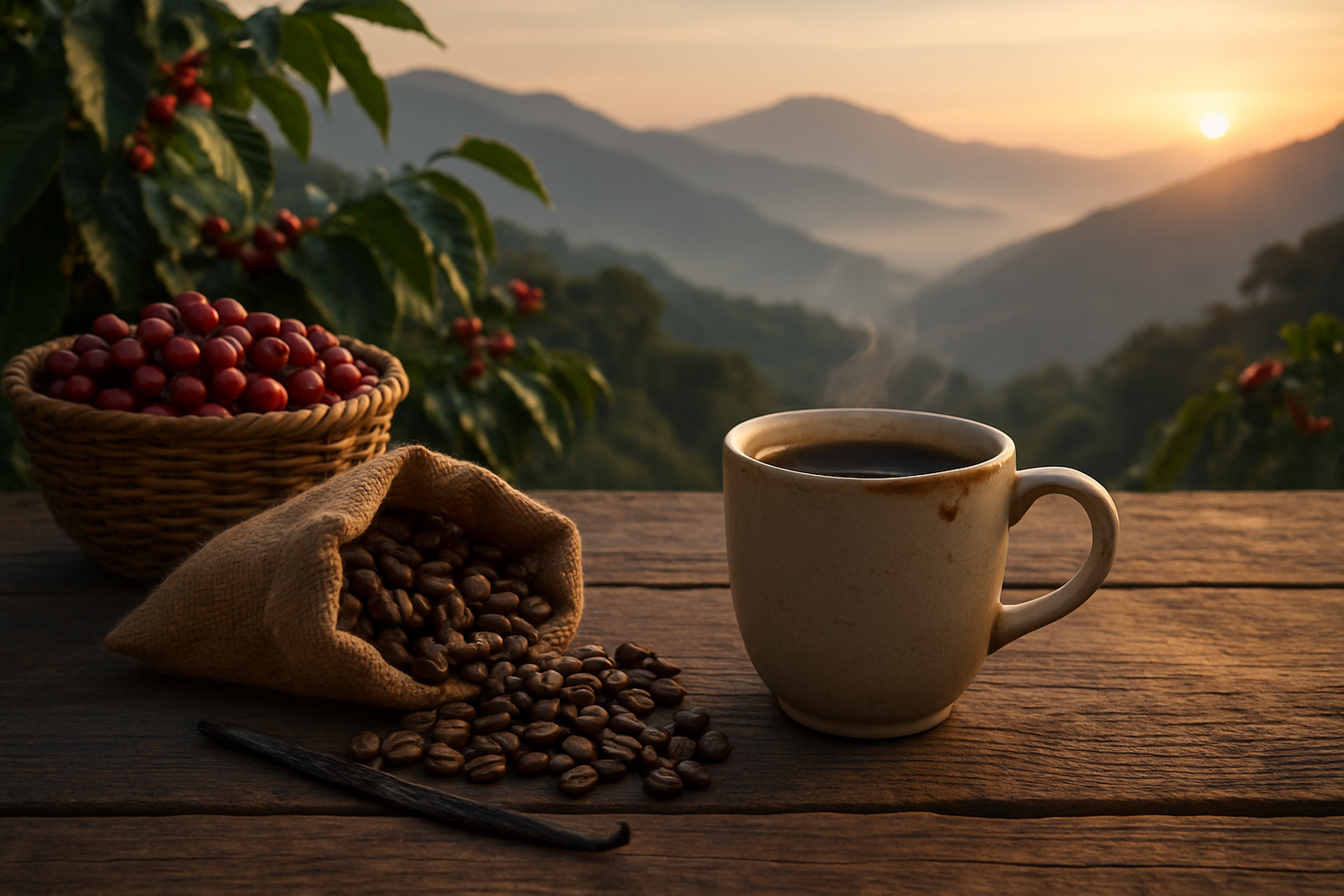 Dawn on an Andean terrace: spilled burlap of Colombian coffee beans, a split vanilla pod, caramel-smudged ceramic mug, and a basket of ripe red coffee cherries with misty mountain ridges beyond.